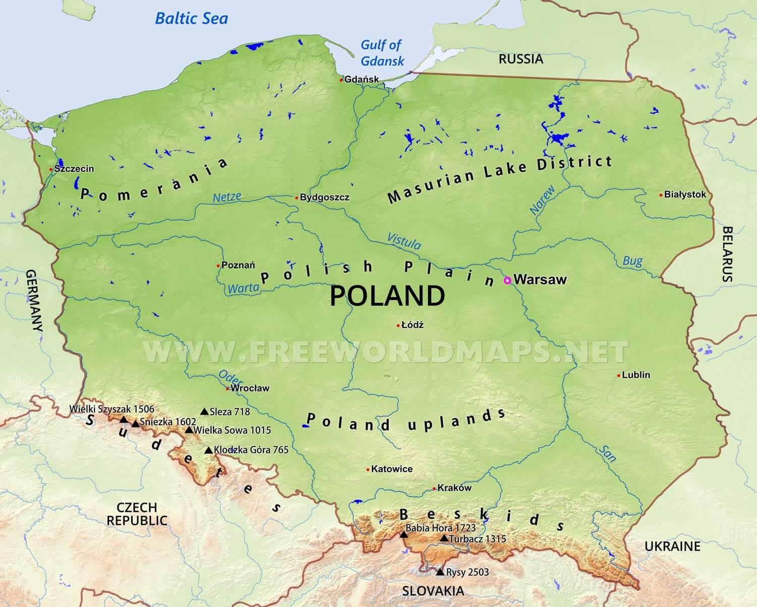 Polen Bergen-map - Karte von Polen-Gebirge (Ost-Europa - Europe)